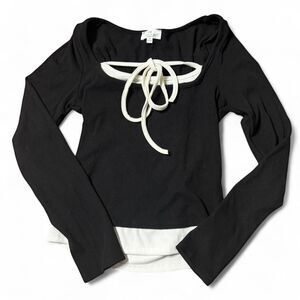 Live in the Moment Black Ribbed Double Layer Tie Long Sleeve Top M